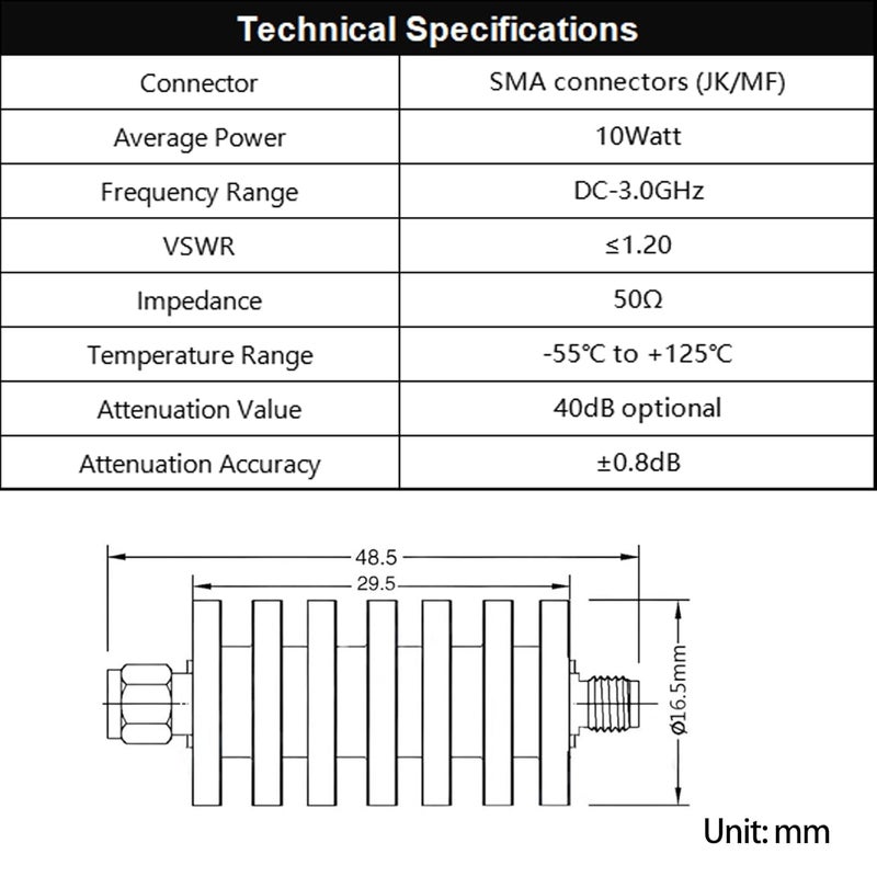 AURSINC 10W 40DB SMA Attenuator Kit, SMA Male to Female RF Attenuator, DC to 3GHz 50 Ohm, Low VSWR (≤1.20) RF Signal Attenuator, for Antennas & Test Equipment (40DB) - Image 3